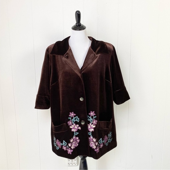 Very Veranesi Sz 22W Brown Velvet Floral Embroidered Jacket Blazer 3/4 Sleeve - Picture 1 of 13